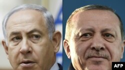 Une combinaison de photos montrant le Premier ministre israélien Benjamin Netanyahu, à gauche, lors de la réunion hebdomadaire du cabinet à Jérusalem, le 19 novembre 2017 et le président turc Recep Tayyip Erdogan, lors de investiture, à Istanbul, le 15 dé