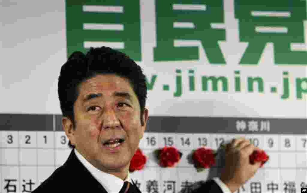 Japan's main opposition leader Shinzo Abe of the Liberal Democratic Party poses for photos as he marks on the name of one of those elected in parliamentary elections at the party headquarters in Tokyo Sunday, Dec. 16, 2012.