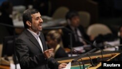 Iran's President Mahmoud Ahmadinejad speaks during the high-level meeting of the General Assembly on the Rule of Law at the United Nations headquarters in New York September 24, 2012. REUTERS/Shannon Stapleton (UNITED STATES - Tags: POLITICS)