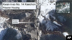A January 2003 satellite image of the Kwan-li-so Number 14 Kaechon prisoner camp in North Korea, part of a U.S. Committee for Human Rights in North Korea report that contains more than 30 pages of satellite photographs of North Korea's prison camp system.