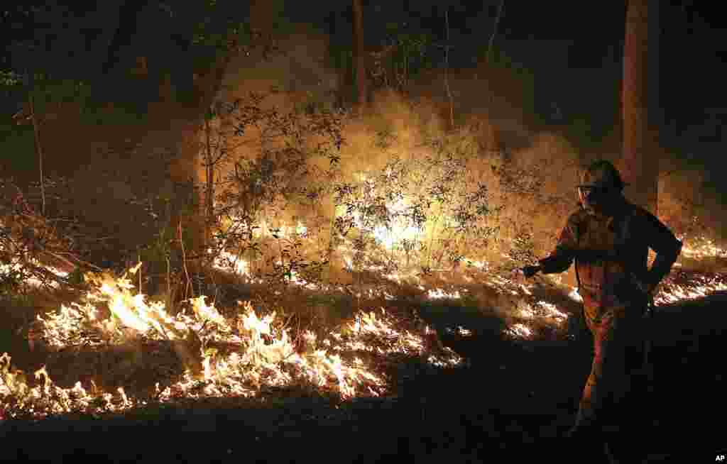 Firefighters control flames during hazard reduction in Bilpin, Australia, Oct. 23, 2013.