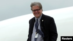 White House Senior Counselor Steve Bannon arrives at Joint Base Andrews outside Washington, after a day trip to Lynchburg, Virginia, with President Donald Trump, May 13, 2017.