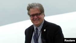 White House Senior Counselor Steve Bannon arrives at Joint Base Andrews outside Washington, after a day trip to Lynchburg, Virginia, with President Donald Trump, May 13, 2017.