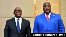 Jean-Michel Sama Lukonde, Ministre wa Yambo ya sika na RDC (G) na président Félix Tshisekedi na Palais de la nation, Kinshasa, 18 mars 2021. (Facebook/Présidence RDC)