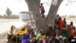 In this photo taken Feb. 18, 2019, Woman and Children displaced by Islamist extremist sits under a tree at Malkohi camp in Yola, Nigeria. 