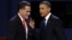 Republican presidential nominee Mitt Romney and President Barack Obama talk after the first presidential debate at the University of Denver, Oct. 3, 2012, in Denver. 