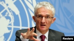 U. N. Undersecretary-General for Humanitarian Affairs and Emergency Relief Coordinator (OCHA) Mark Lowcock attends a news conference for the launch of the "Global Humanitarian Overview 2019" at the United Nations in Geneva, Switzerland, Dec. 4, 2018. 