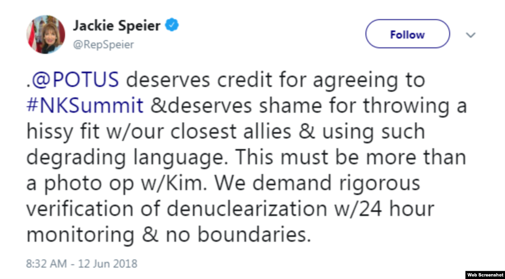 California Democrat Jackie Speier blasted President Trump for his recent statements about U.S. allies and agreeing to the summit with longtime U.S. adversary Kim Jong Un.