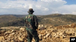 FILE - Hezbollah fighter looks toward Syria while standing in the fields of the Lebanese border village of Brital, Lebanon. 