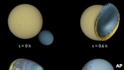 Simulacija udara znatno manjeg mjeseca u površinu većeg, pri čemu se njihove dvije mase jednostavno spoje ... kao kad se jedan sapun zalijepi za drugi