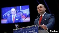 FILE - Georgian Prime Minister Mamuka Bakhtadze addresses the Parliamentary Assembly of the Council of Europe in Strasbourg, France, April 10, 2019. 