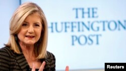 FILE - Arianna Huffington, president and Editor-in-Chief of The Huffington Post Media Group attends a session at the World Economic Forum (WEF) in Davos, Jan. 25, 2014.