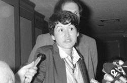 FILE - Rosie Ruiz, controversial first-place woman finisher in the 1980 Boston Marathon,speaks during a news conference in New York, April 24, 1980.