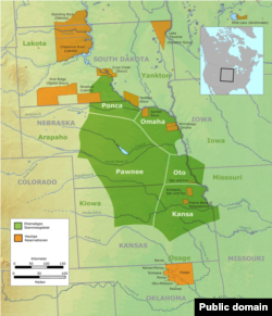 Tribal territory of Pawnee, Ponca, Omaha, Otoe, Kansa peoples (labeled in green) and contemporary Indian Reservations (labeled in orange). Background map courtesy of Demis, www.demis.nl.