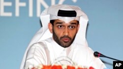 FILE - Hassan Al-Thawadi, head of the Qatar 2022 World Cup organizing committee speaks during a press conference, in Doha, Thursday, Feb 25, 2015.