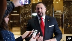 Jason Miller, a senior adviser to President-elect Donald Trump, speaks to media at Trump Tower, Nov. 16, 2016, in New York.