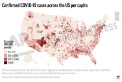 U.S. county map with the rate of confirmed cases of COVID-19 per 100,000 people, with data on overall cases and deaths and the death rate per 100,000 people.