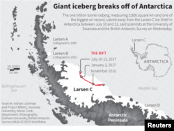 Map showing the rift in the Larsen C ice shelf that led to the calving of an iceberg on the Antarctic Peninsula.