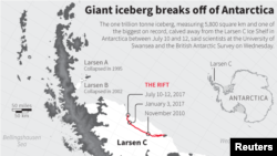 ແຜນທີ່ສະແດງໃຫ້ເຫັນ ແທ່ງນໍ້າກ້ອນທີ່ແຕກອອກຈາກພູນໍ້າກ້ອນ Larsen C ພວມມຸ່ງໜ້າໄປສູ່ບໍລິເວນອ່າວໃນຂົ້ວໂລກໃຕ້.