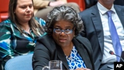 FILE - U.S. United Nations Ambassador Linda Thomas-Greenfield addresses a meeting of the United Nations Security Council on March 18, 2024, at U.N. headquarters. 
