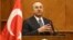 Turkish Foreign Minister Mevlut Cavusoglu, and Jordanian Foreign Minister Ayman Safadi (not shown), give a press conference in Amman, Jordan, Feb. 19, 2018. Cavusoglu said his country is ready to battle Syrian government troops if they enter an enclave in northern Syria to protect Syrian Kurdish fighters. 
