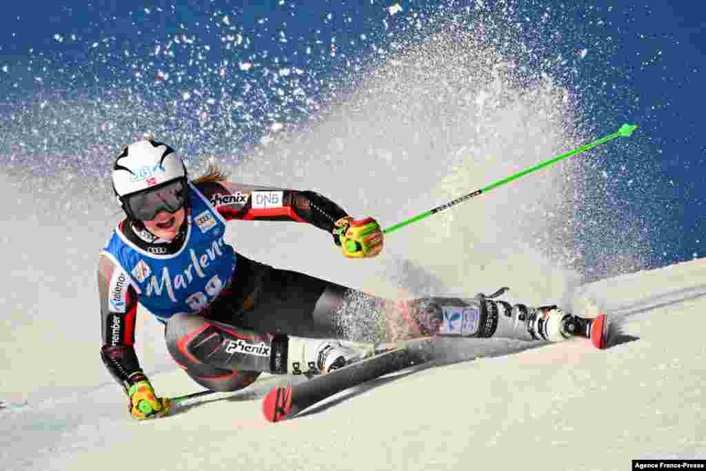 Norway&#39;s Thea Louise Stjernesund competes in the first run of the Women&#39;s Giant Slalom event as part of the FIS Alpine World Ski Championships in Kronplatz, Italian Alps.