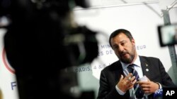FILE - Italian Interior Minister and Vice Premier Matteo Salvini attends a press conference during the G-7 Interior Ministers meeting in Paris, April 4, 2019.