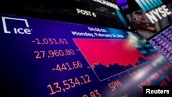 A screen displays the Dow Jones Industrial Average after the closing bell on the floor at the New York Stock Exchange (NYSE) in New York, U.S., February 24, 2020. REUTERS/Brendan McDermid - RC297F93A5PA