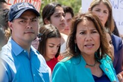 US Rep. Veronica Escobar, Joaquin Castro, and Alexandria Ocasio-Cortez speak to the media after touring two Border patrol stations following reports of inadequate conditions, Clint, Texas, July 1, 2019.