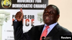 FILE - Zimbabwe opposition party Movement For Democratic Change (MDC) leader Morgan Tsvangirai addresses a news conference in Harare, Sept. 18, 2013.
