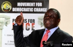 FILE - Zimbabwe opposition party Movement For Democratic Change (MDC) leader Morgan Tsvangirai addresses a news conference in Harare Sept. 18, 2013.