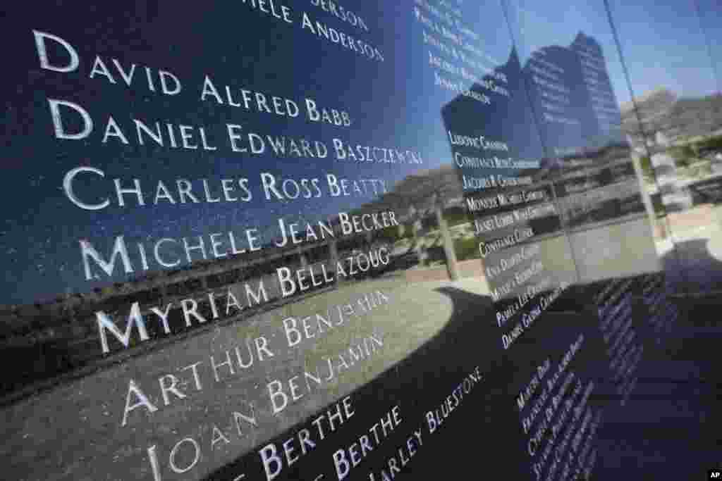 Names of those whose lives were lost are etched in marble at the TWA Flight 800 International Memorial at Smith Point County Park on Fire Island, New York. On July 17, 1996, Flight 800, flying from New York to Paris and Rome, crashed into the ocean 14 miles from the park, killing all 230 passengers and crew.