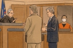 In this courtroom sketch, former Minneapolis police officer Tou Thao, right, watches as his defense attorney, Robert Paule, second from right, and Prosecutor Matthew Frank stand before Hennepin County Judge Peter Cahill in Minneapolis, June 29, 2020.