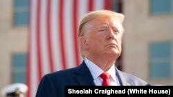 Presiden AS, Donald J. Trump, dalam upacara memperingati peristiwa 11 September di Pentagon, Arlington, VA, 11 September 2019.