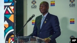 South African Minister of International Relations and Cooperation Ronald Lamola speaks with reporters after the G20 foreign ministers meeting in Johannesburg, Feb. 21, 2025.