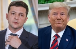 FILE - Ukraine's President Volodymyr Zelenskiy in Paris, June 17, 2019, and U.S. President Donald Trump in the Oval Office at the White House, Sept. 20, 2019.