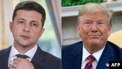 FILE - Ukraine's President Volodymyr Zelenskiy in Paris, June 17, 2019, and U.S. President Donald Trump in the Oval Office at the White House, Sept. 20, 2019.