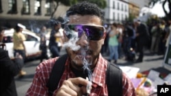A supporter of the legalization of marijuana smokes outside the Supreme Court in Mexico City, Nov. 4, 2015. 