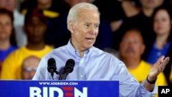 Democratic presidential candidate former Vice President Joe Biden speaks during a campaign stop at a Teamsters union hall in Pittsburgh, April 29, 2019.