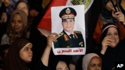 Người biểu tình cầm ảnh của Bộ trưởng Quốc phòng Ai Cập Abdel Fattah el-Sissi với dòng chữ 'Con sư tử của Ai Cập'