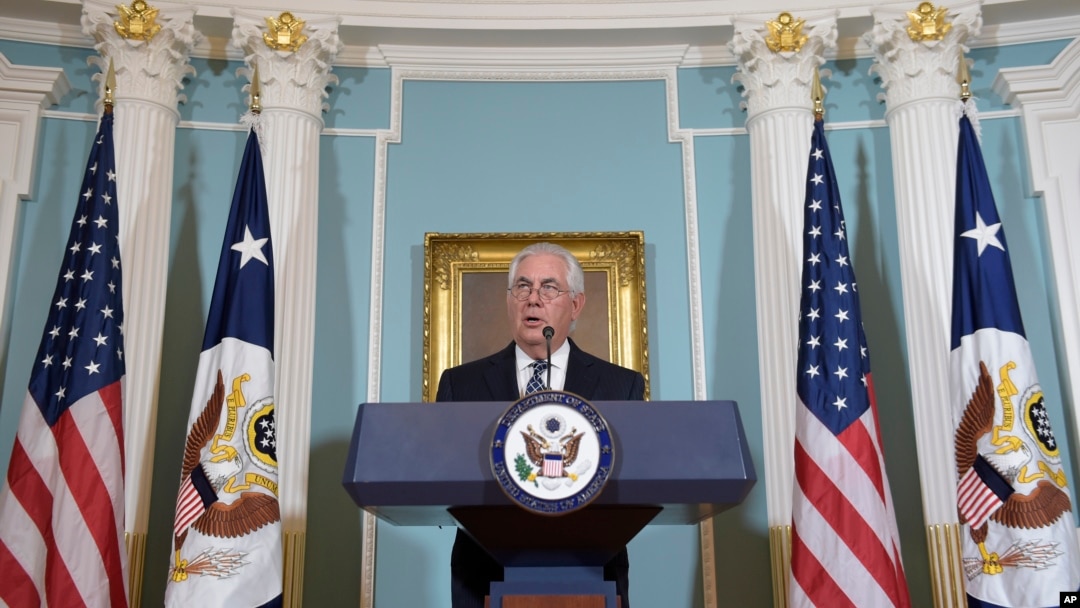 Ngoại trưởng Rex Tillerson phát biểu nhân dịp công bố Phúc trình Tự do Tôn giáo năm 2016 tại Bộ Ngoại giao, ngày 15/8/2017.