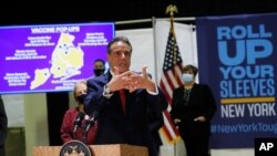 FILE - New York state Gov. Andrew Cuomo speaks at an event to announce new walk-in pop-up COVID-19 vaccination sites in the Harlem section of New York City, April 23, 2021. 