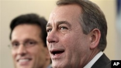 House Republican leader John Boehner of Ohio, right, joined by House GOP Whip Eric Cantor, R-Va., talks about the changes in balance of power in Congress that will elevate him to speaker of the House, 3 Nov. 2010.