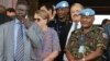 U.N. Mission in South Sudan (UNMISS) force commander Lt. Gen. Johnson Mogoa Kimani Ondieki of Kenya (R) stands next to Ellen Loj (C), Special Representative of the U.N. secretary-general, as they await a delegation of the U.N. Security Council, in Juba, South Sudan, Sept. 2, 2016.