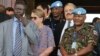 U.N. Mission in South Sudan (UNMISS) force commander Lt. Gen. Johnson Mogoa Kimani Ondieki of Kenya (R) stands next to Ellen Loj (C), Special Representative of the U.N. secretary-general, as they await a delegation of the U.N. Security Council, in Juba, South Sudan, Sept. 2, 2016.