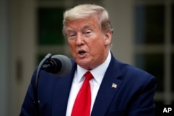 President Donald Trump speaks about the coronavirus in the Rose Garden of the White House, April 14, 2020, in Washington.