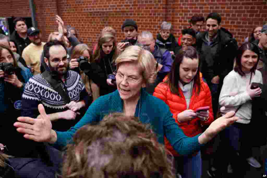 Democratic presidential candidate Sen. Elizabeth Warren, D-Mass., speaks at a caucus at Roosevelt High School, Feb. 3, 2020, in Des Moines, Iowa.