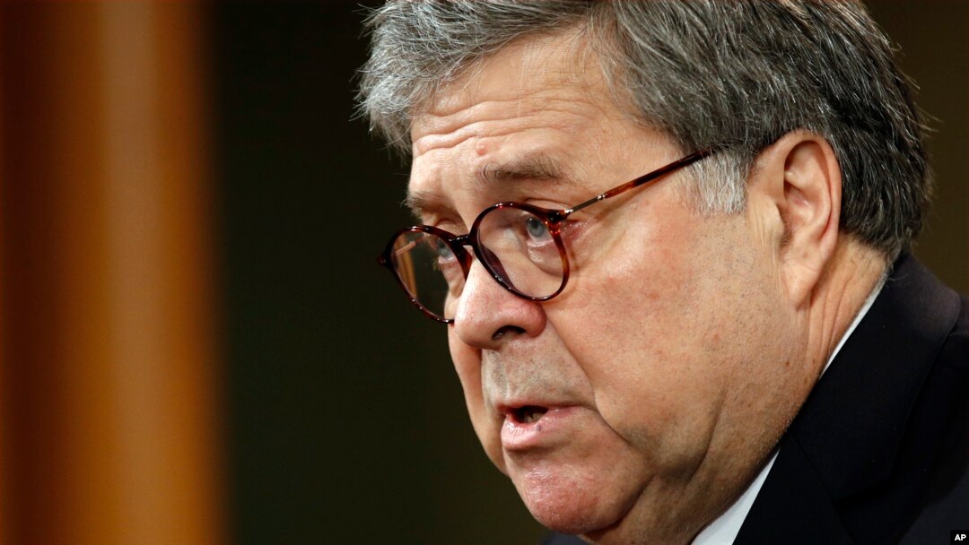 Attorney General William Barr speaks about the release of a redacted version of special counsel Robert Mueller's report during a news conference, April 18, 2019, at the Department of Justice in Washington. 