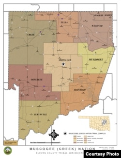 This map, prepared by the Muscogee (Creek) Nation's geospacial department, shows the extent of the tribe's jurisdiction, as per a 2017 federal court ruling now being challenged in the U.S. Supreme Court.