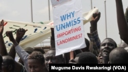 An anti-U.N. sign at a youth rally in Juba on March 10, 2014.